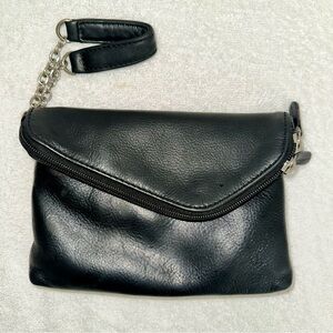 ili New York Black Genuine Leather Convertible Crossbody Bag Wristlet Leopard